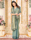 Dusty Teal Blue Shimmer Stone Work Swarovski  Saree