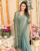 Dusty Teal Blue Shimmer Stone Work Swarovski  Saree