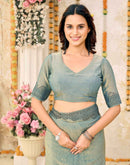 Dusty Teal Blue Shimmer Stone Work Swarovski  Saree
