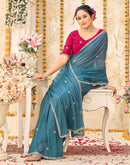 Dusty Teal Blue Georgette Embroidery Saree
