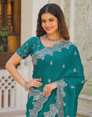 Teal Green Shimmer Chiffon Sequence Embroidery saree