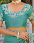 Turquoise Vichitra Silk Embroidery Saree