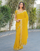 Yellow Vichitra Silk Embroidery Saree