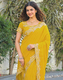 Yellow Vichitra Silk Embroidery Saree