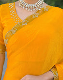 Yellow Satin Stone Work Embellished Saree