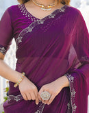 Dark Purple Satin Stone Work Embellished Saree
