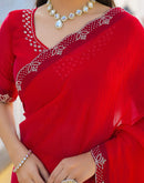 Red Satin Stone Work Embellished Saree