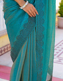 Teal Blue Shimmer Stone Work Swarovski  Saree