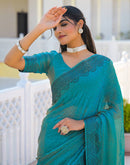 Teal Blue Shimmer Stone Work Swarovski  Saree
