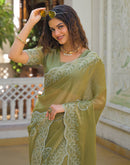 Lime Green Shimmer Stone Work Embellished Saree