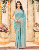 Turquoise Blue Shimmer Embroidery Embellished Saree