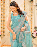 Turquoise Blue Shimmer Embroidery Embellished Saree