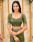 Olive Green Shimmer Embroidery Embellished Saree