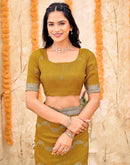 Mustard Yellow Shimmer Embroidery Embellished Saree