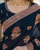 Dark Navy Blue Georgette Embroidery Embellished Saree