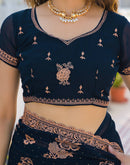 Dark Navy Blue Georgette Embroidery Embellished Saree