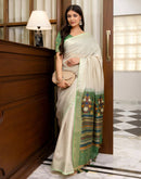 Beige Cotton Linen Woven Printed Saree