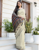 Beige Cotton Linen Woven Printed Saree
