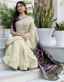 Beige Cotton Linen Woven Printed Saree