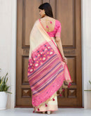 Beige Cotton Linen Woven Printed Saree