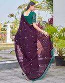 Dark Purple Chiffon Sequence Embroidery Saree