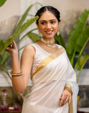 White Cotton Zari Stripe Kanjivaram Saree