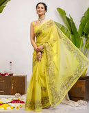 Lime Yellow Cotton Printed Saree