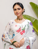 White Cotton Floral Printed Saree