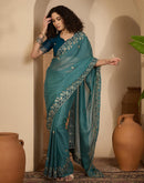 Dusty Teal Blue Shimmer Sequence  Embroidery Saree