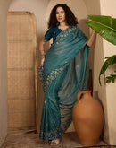 Dusty Teal Blue Shimmer Sequence  Embroidery Saree
