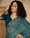 Dusty Teal Blue Shimmer Sequence  Embroidery Saree