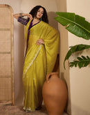 Lime Yellow Chiffon Sequence  Embroidery  Saree