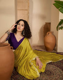 Lime Yellow Chiffon Sequence  Embroidery  Saree