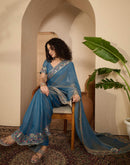 Dusty Blue Shimmer Sequence Embroidery Saree
