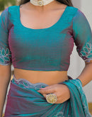Teal Green Shimmer Chiffon Stone Work Swarovski saree
