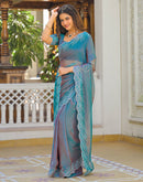 Teal Blue Shimmer Chiffon Stone Work Swarovski saree