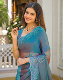 Teal Blue Shimmer Chiffon Stone Work Swarovski saree