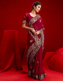 Dark Rani Pink Shimmer Chiffon Sequence Embroidery saree