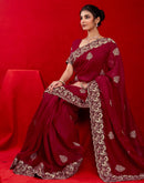 Dark Rani Pink Shimmer Chiffon Sequence Embroidery saree