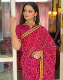 Dark Pink Georgette Bandhani Printed Lace Saree