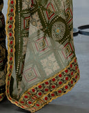 Dark Green Georgette Bandhani Printed Lace Saree