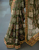 Dark Green Georgette Bandhani Printed Lace Saree