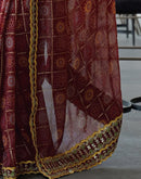 Maroon Georgette Bandhani Printed Lace Saree