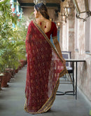 Maroon Georgette Bandhani Printed Lace Saree