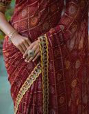 Maroon Georgette Bandhani Printed Lace Saree
