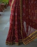 Maroon Georgette Bandhani Printed Lace Saree