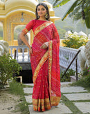 Red Chiffon Bandhani Printed Lace Saree