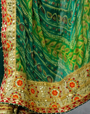 Green Chiffon Bandhani Printed Lace Saree