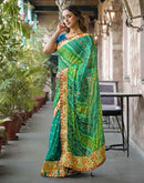 Green Chiffon Bandhani Printed Lace Saree