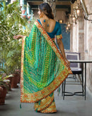 Green Chiffon Bandhani Printed Lace Saree